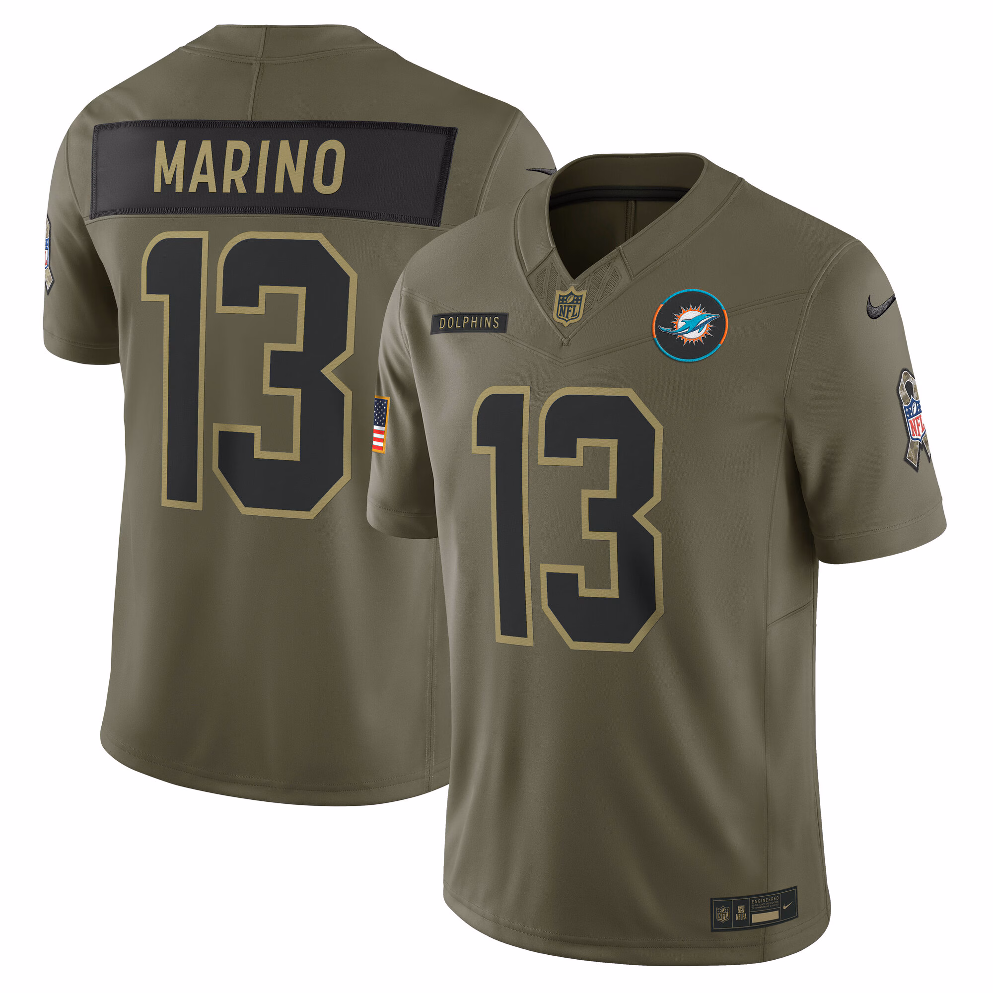 Men's Miami Dolphins #13 Dan Marino Olive 2025 Salute to Service Retired Limited Jersey