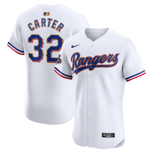 Men's Texas Rangers #32 Evan Carter  White 2024 Gold Collection Elite Player Jersey