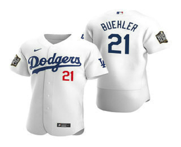 Men's Los Angeles Dodgers #21 Walker Buehler White 2020 World Series Flex Base  Jersey