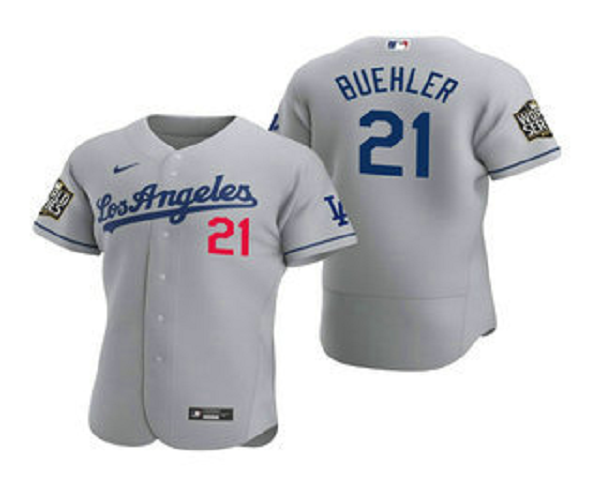 Men's Los Angeles Dodgers #21 Walker Buehler Gray 2020 World Series Road Flex Base  Jersey