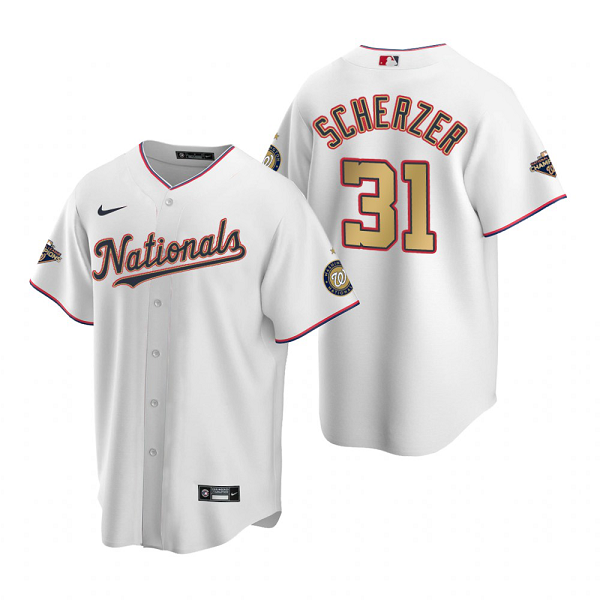 Men's Washington Nationals #31 Max Scherzer White Gold 2019 World Series Champions Stitched MLB Cool Base  Jersey