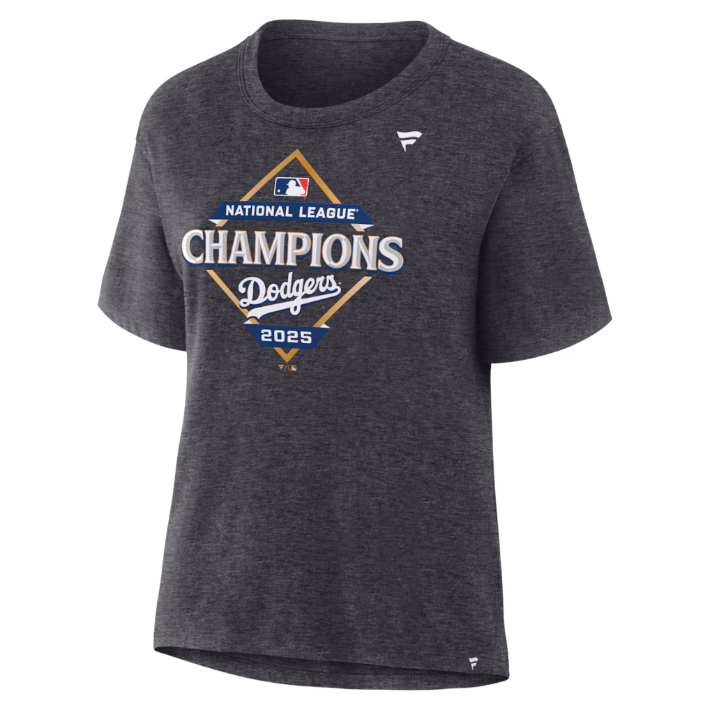 Los Angeles Dodgers Fanatics Women's 2025 National League Champions Locker Room T-Shirt - Heather Charcoal