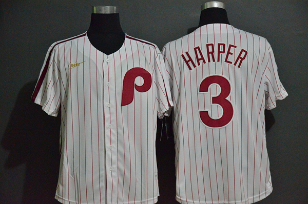 Men's Philadelphia Phillies #3 Bryce Harper White Pinstripe Cool Base Cooperstown Collection  Jersey