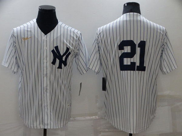 Men's  New York Yankees #21 Paul O'Neill White Strip Throwback Cool Base MLB Stitched Jersey