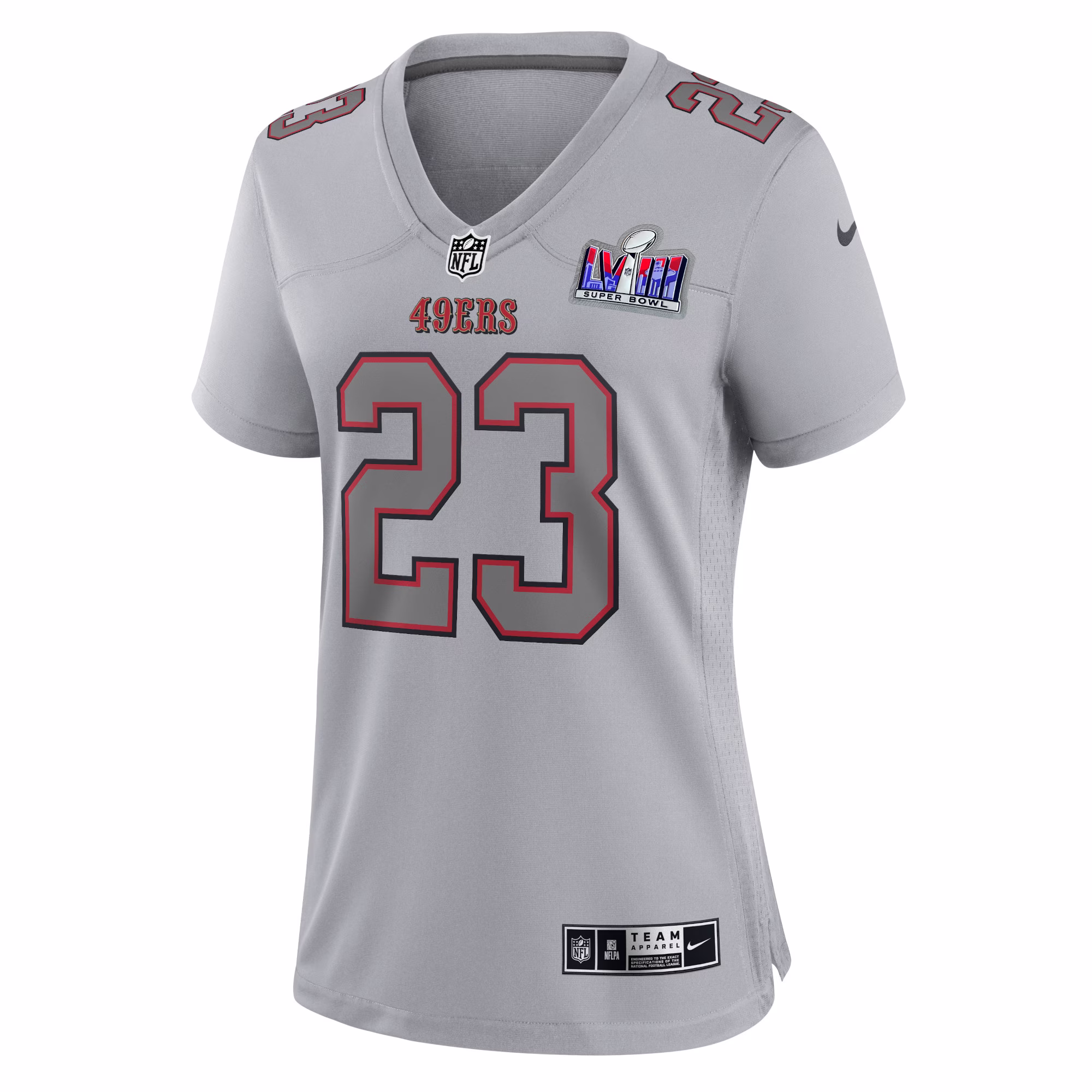 Christian McCaffrey San Francisco 49ers  Women's 2023 Super Bowl LVIII Atmosphere Fashion Game Jersey - Gray