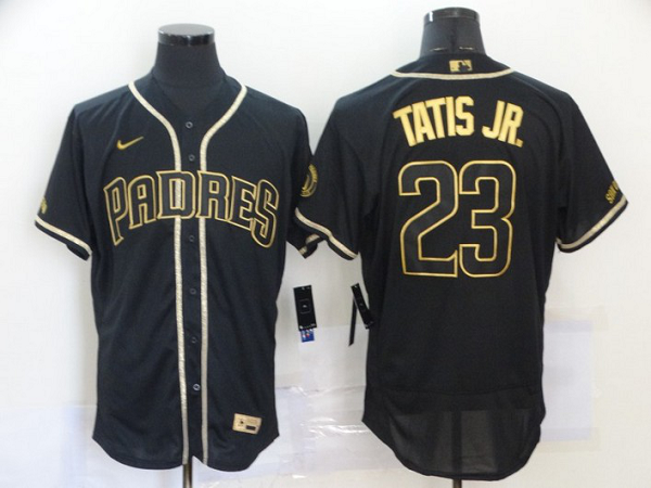 Men's San Diego Padres #23 Fernando Tatis Jr. Black With Gold Stitched MLB Flex Base  Jersey