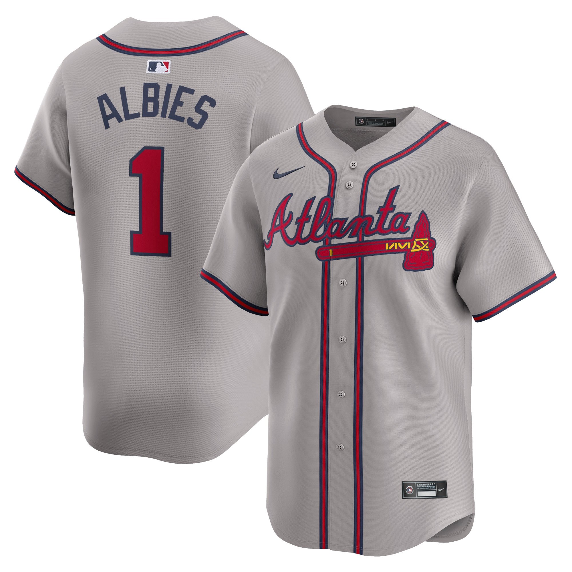 Men's Atlanta Braves #1 Ozzie Albies  Gray Away Limited Player Jersey