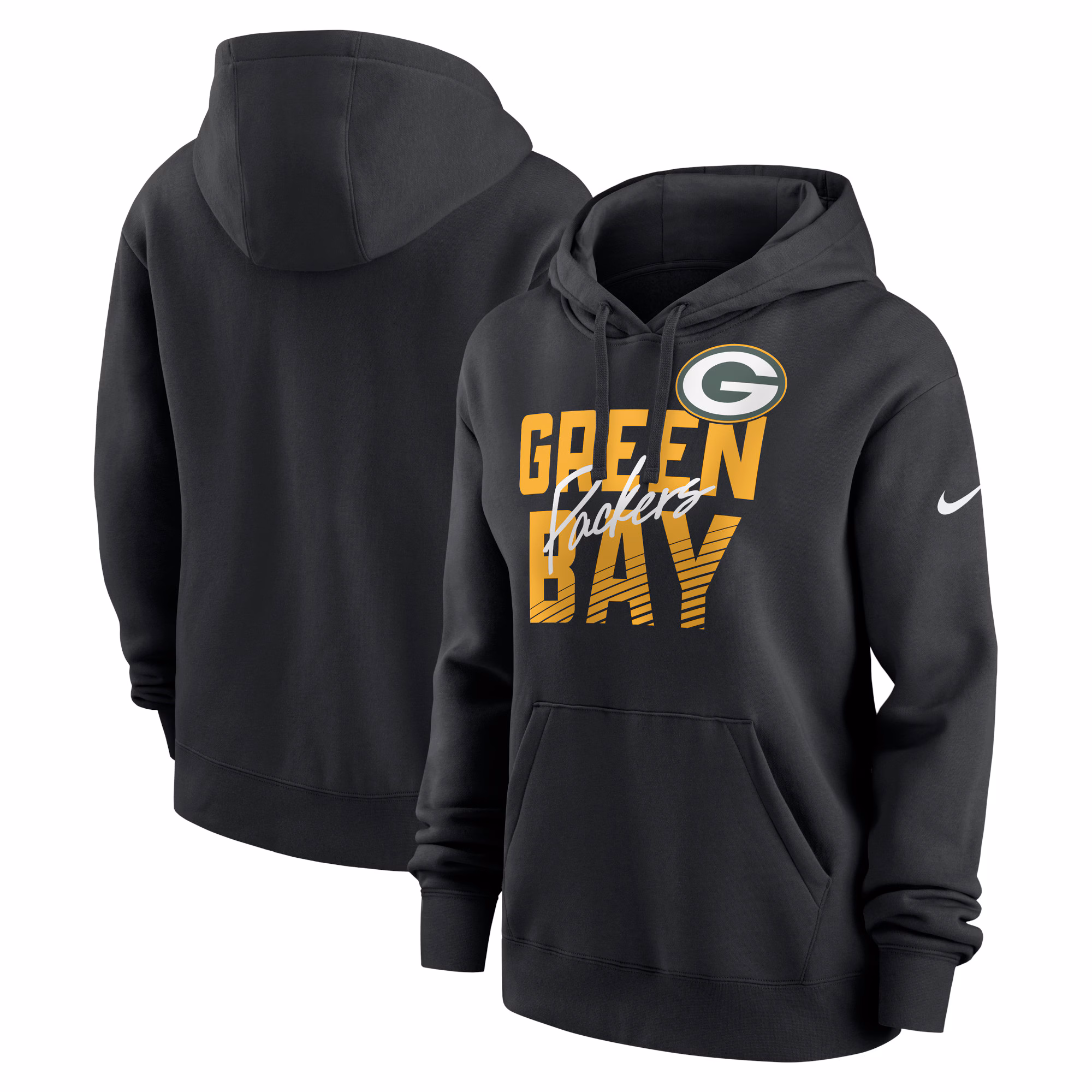 Green Bay Packers Women's Wordmark Club Fleece Pullover Hoodie - Black