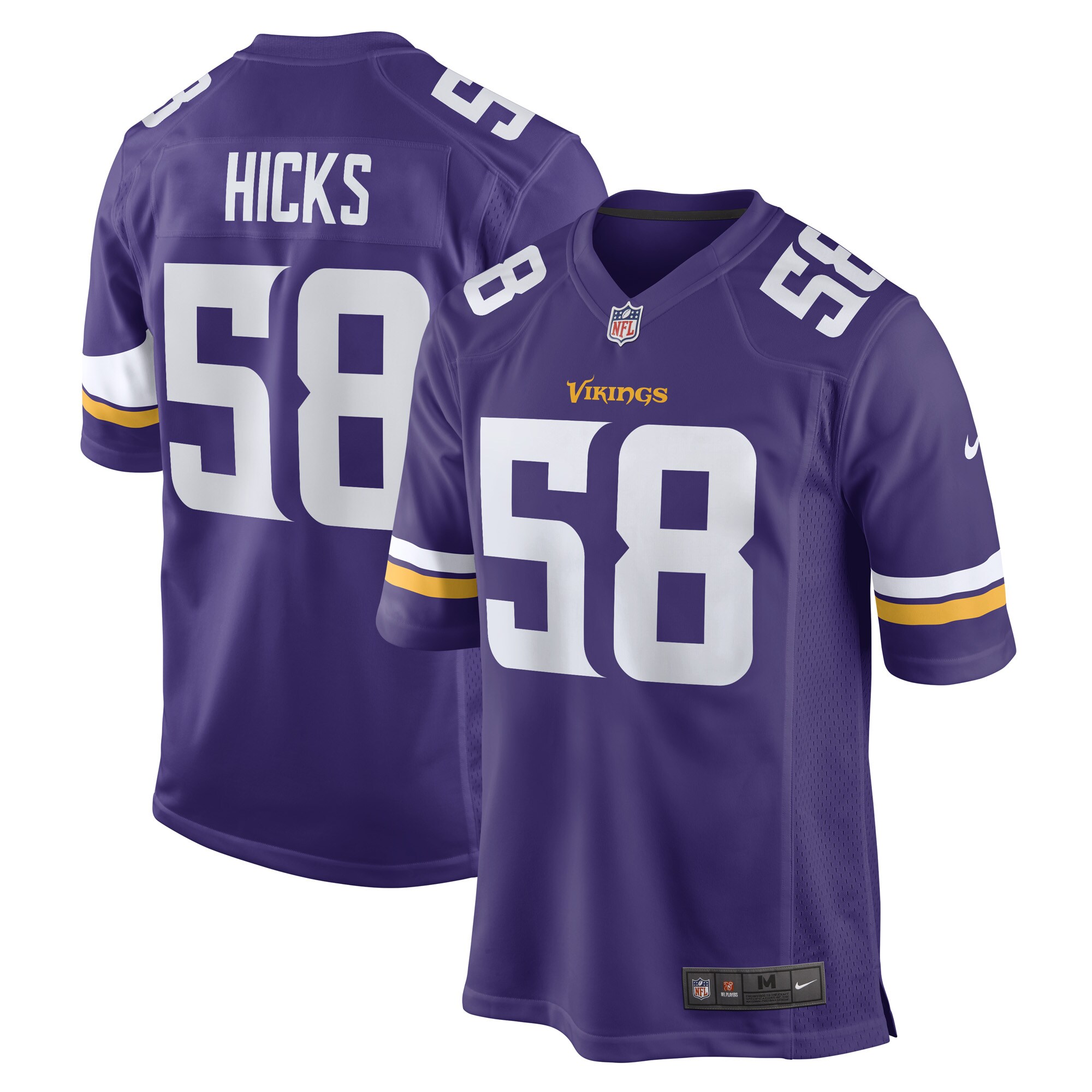 Hicks Minnesota Vikings  Game Player Jersey - Purple