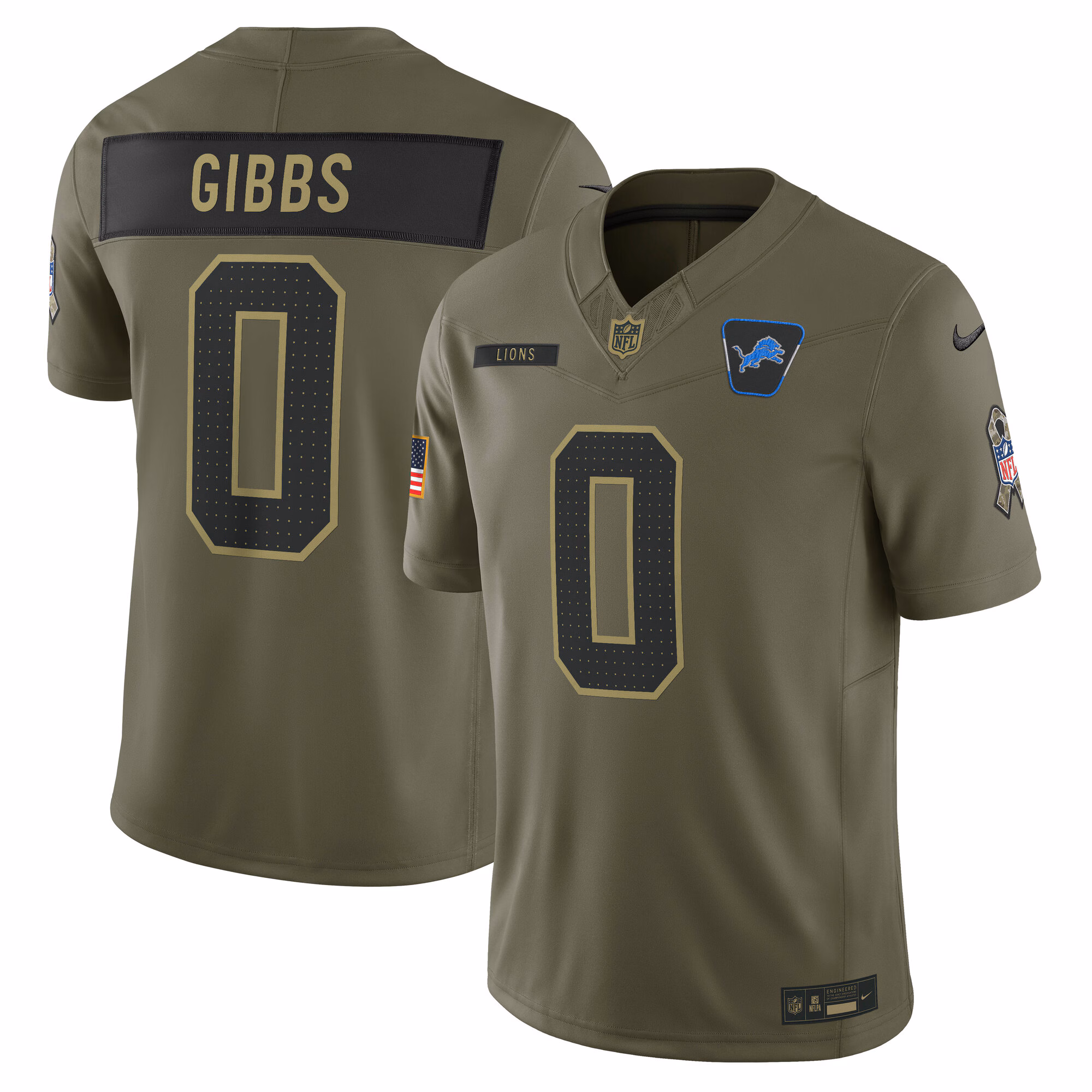 Men's Detroit Lions #0 Jahmyr Gibbs Olive 2025 Salute to Service Limited Jersey