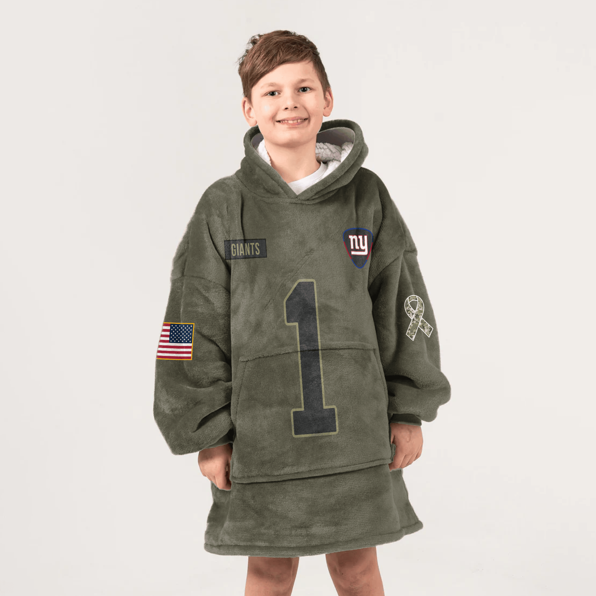 Kid M.N 1 New York G Football Blanket Hoodie – Olive Salute to Service