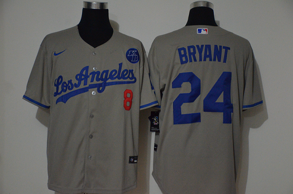 Men's  Los Angeles Dodgers #24 Kobe Bryant With front Number #8 Grey KB Patch Stitched MLB Cool Base Jersey