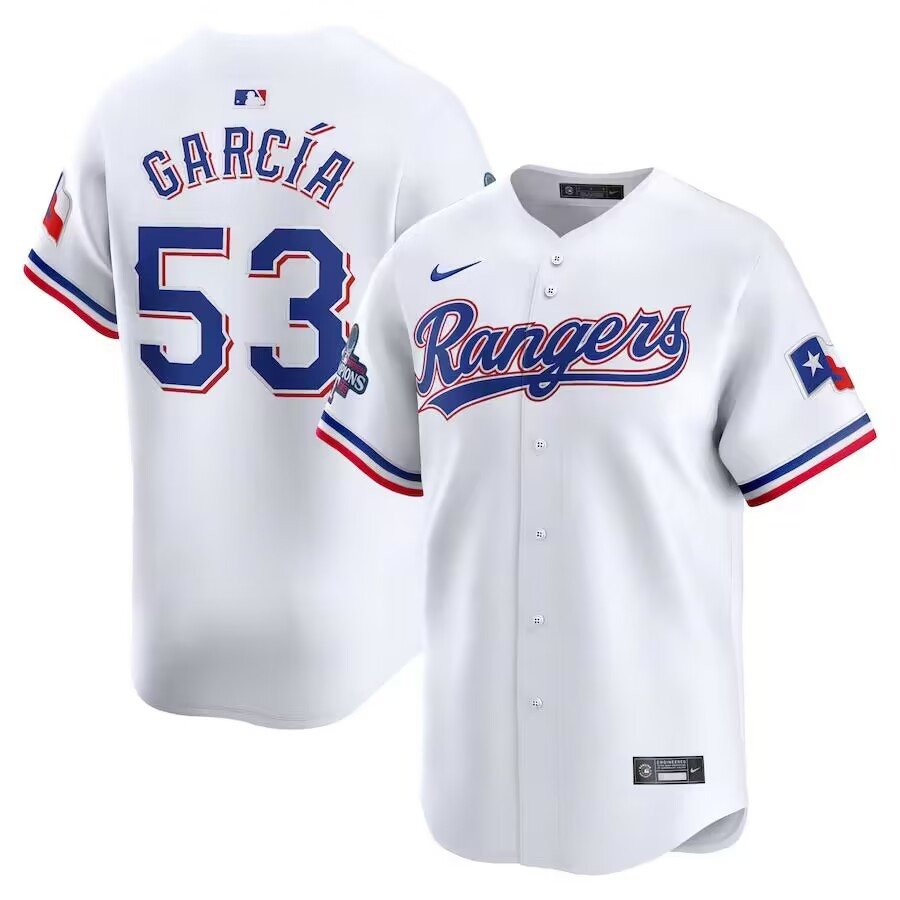 Men's #53 Adolis Garcia Texas Rangers  Home 2023 World Series Champions Limited White Jersey
