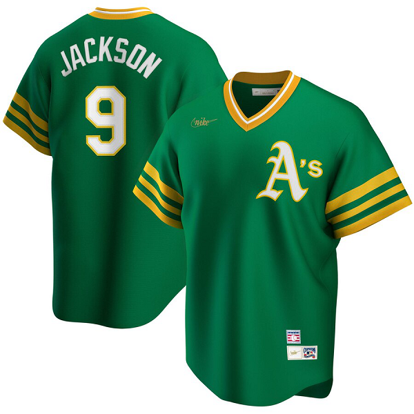 Men's  Oakland Athletics #9 Reggie Jackson Road Cooperstown Collection Player Kelly Green MLB Jersey
