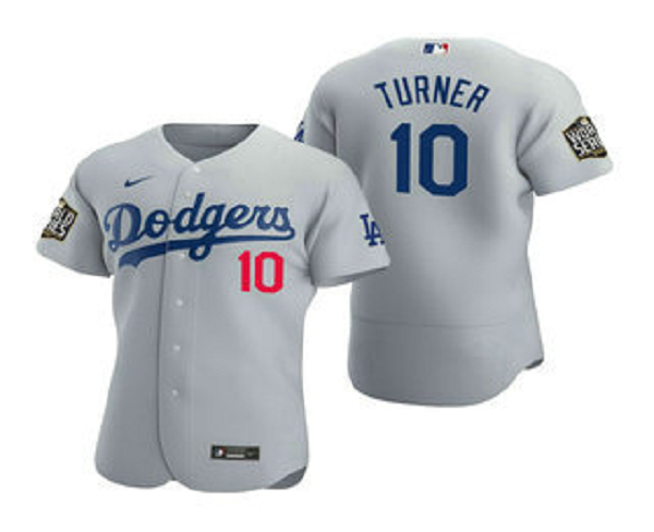Men's Los Angeles Dodgers #10 Justin Turner Gray 2020 World Series Flex Base  Jersey