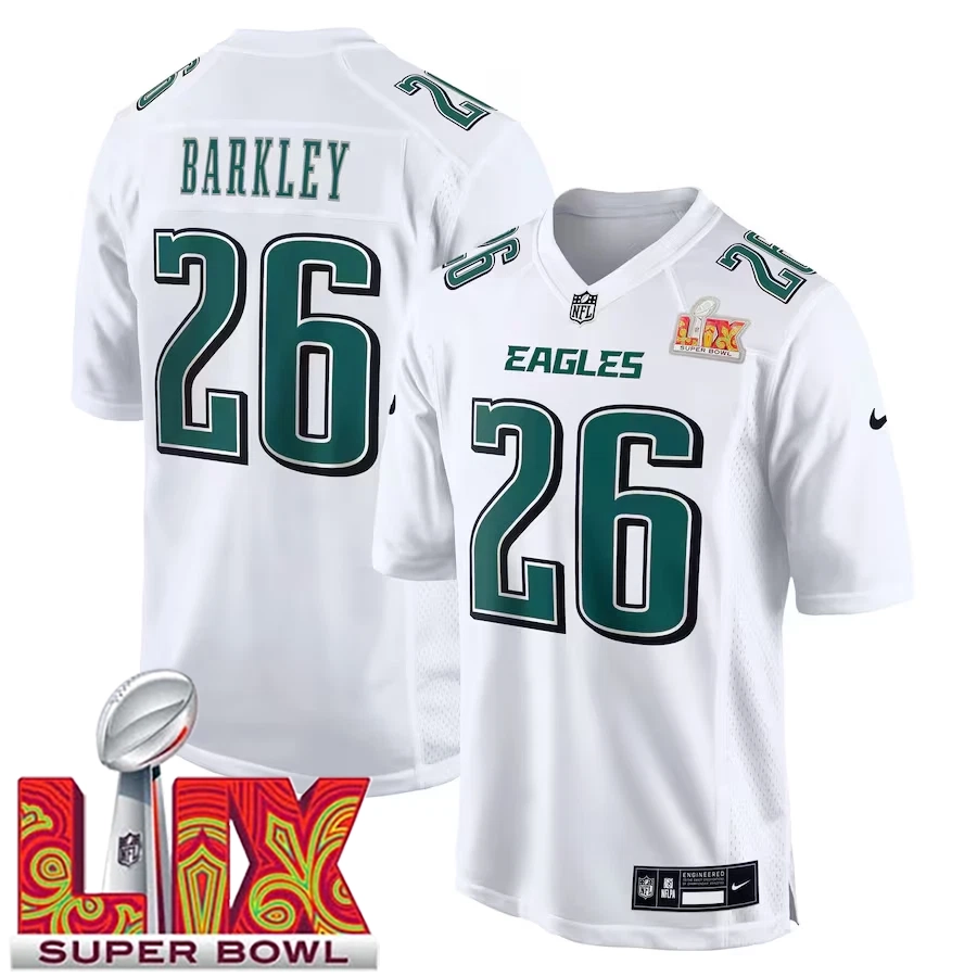 Men’s #26 Saquon Barkley Tundra White Super Bowl LIX Fashion Game Player Jersey