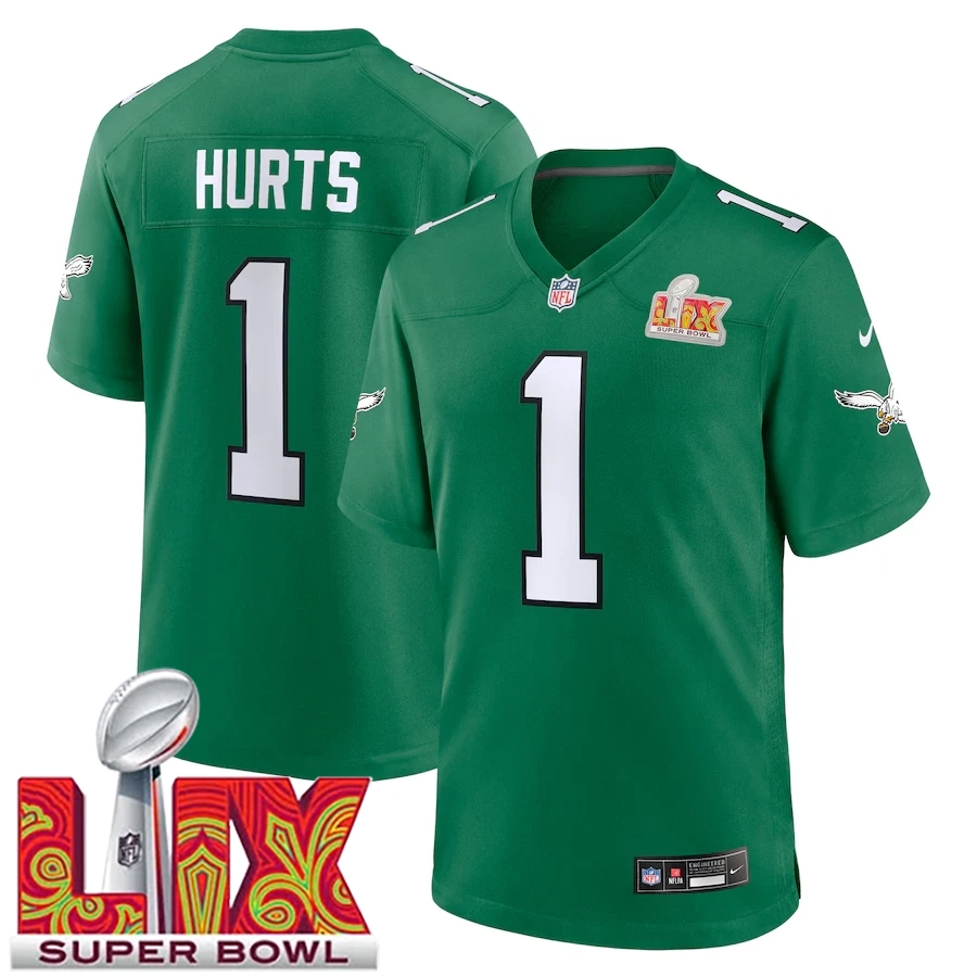 Men's #1 Jalen Hurts Kelly Green Super Bowl LIX 2nd Alternate Game Jersey