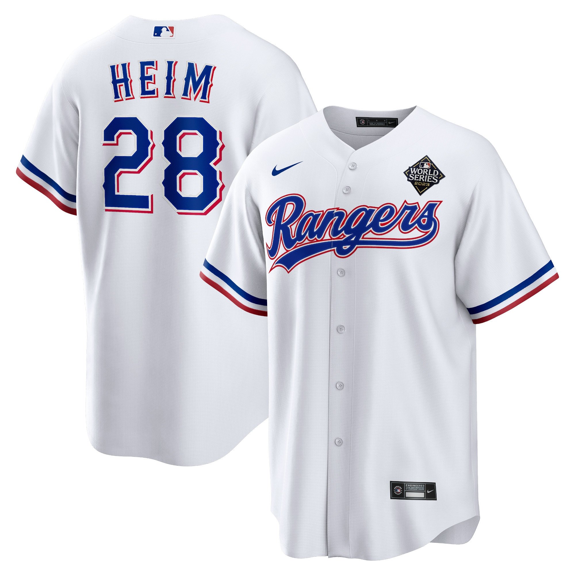 Men's Texas Rangers #28 Jonah Heim  White 2023 World Series Replica Player Jersey