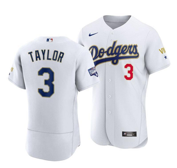 Men's Los Angeles Dodgers #3 Chris Taylor  White VII Gold Series MLB Jersey
