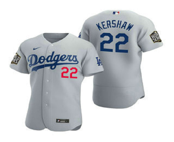 Men's Los Angeles Dodgers #22 Clayton Kershaw Gray 2020 World Series Flex Base  Jersey