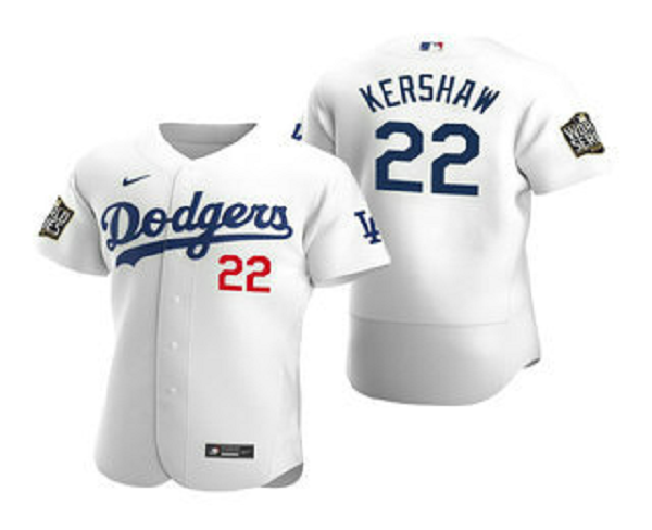 Men's Los Angeles Dodgers #22 Clayton Kershaw White 2020 World Series Flex Base  Jersey