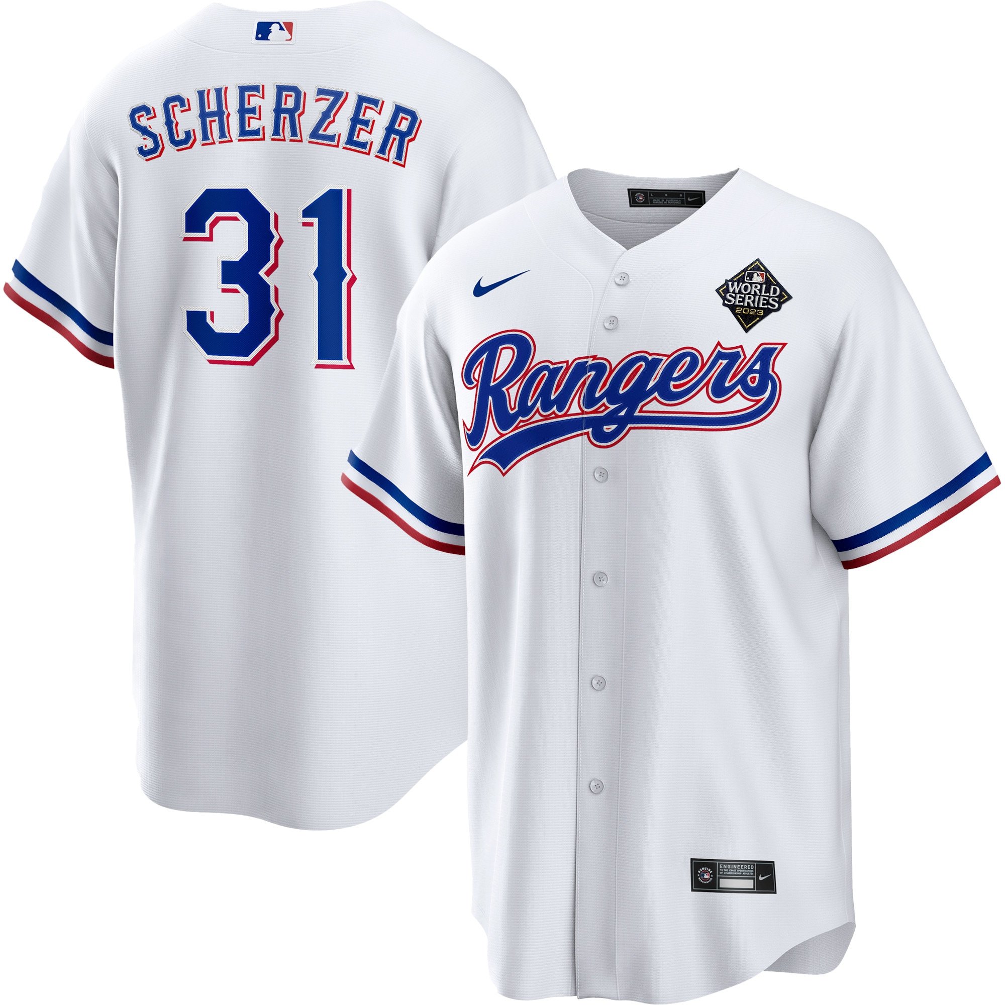 Men's Texas Rangers #31 Max Scherzer  White 2023 World Series Replica Player Jersey