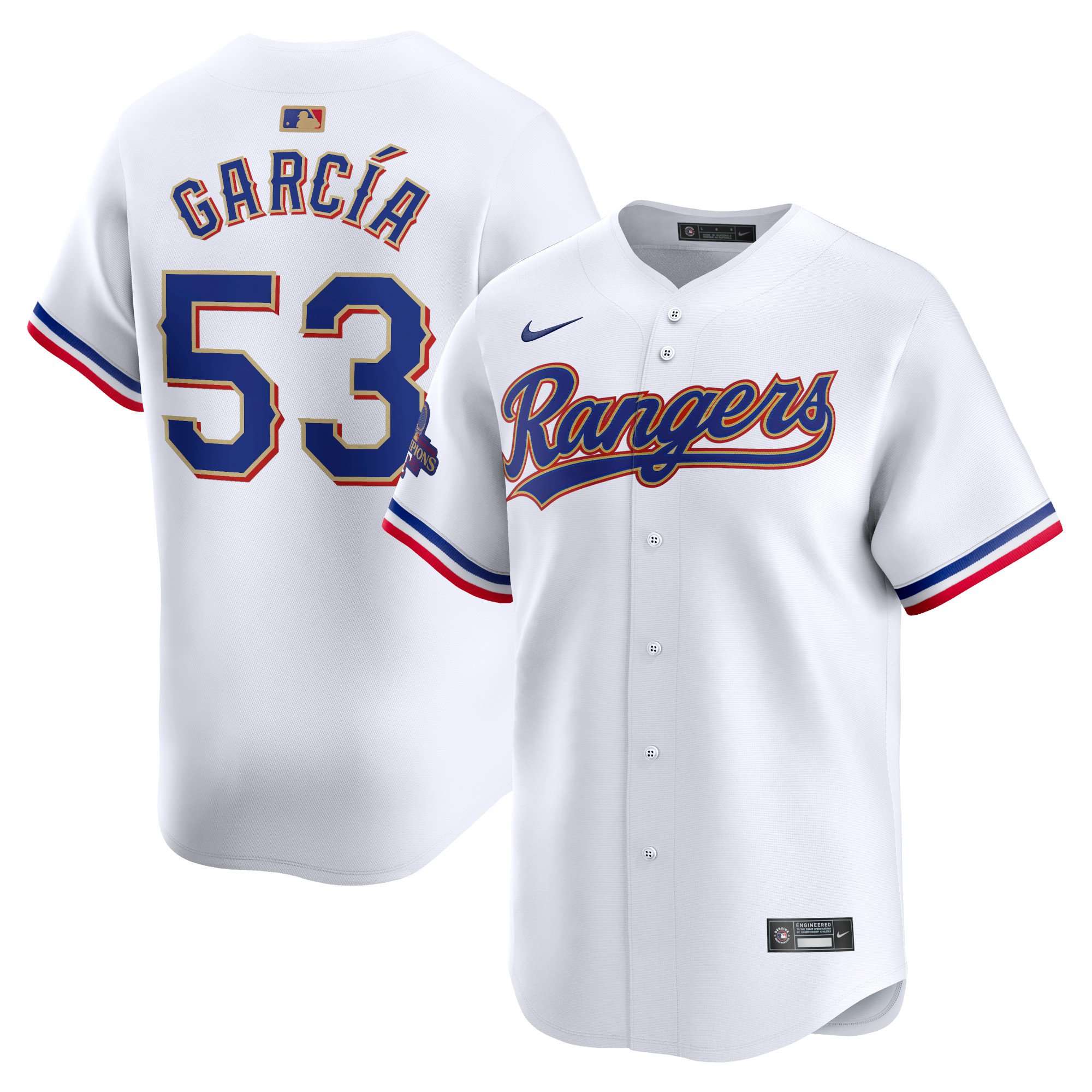 Men's Texas Rangers #53 Adolis Garcia  White 2024 Gold Collection Limited Player Jersey