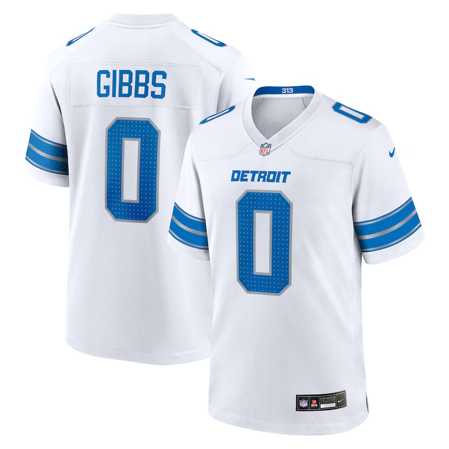 Men's Jahmyr Gibbs #0 White Detroit Lions Game Player Jersey