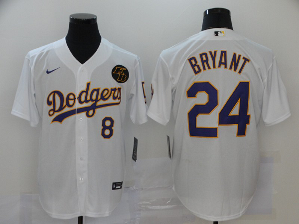 Men's  Los Angeles Dodgers #8 #24 Kobe Bryant White With Purple Name KB Patch Stitched MLB Cool Base Jersey
