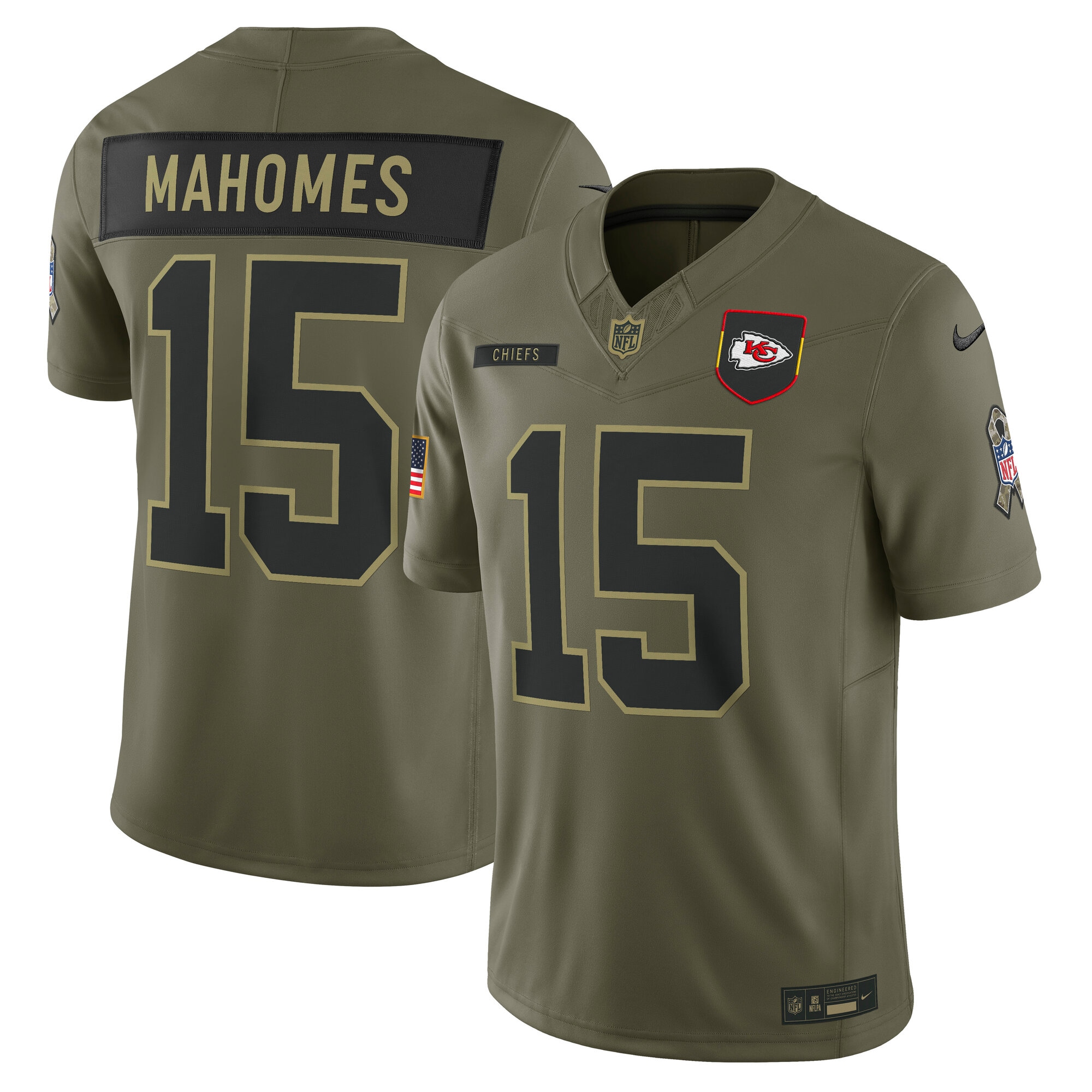 Men's Kansas City Chiefs Patrick Mahomes Olive 2025 Salute to Service Limited Jersey