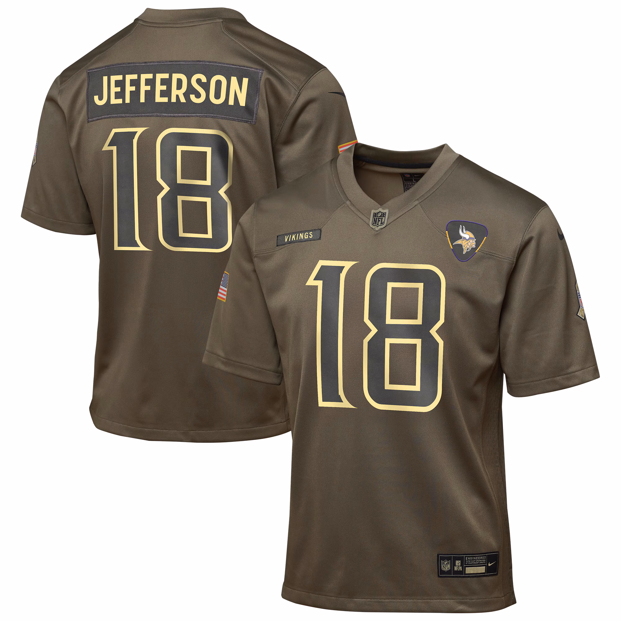 Youth Minnesota Vikings Justin Jefferson Olive 2025 Salute to Service Game Jersey