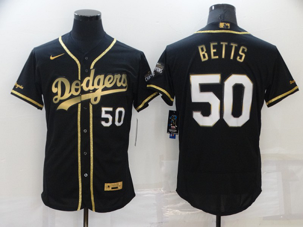 Men's  Los Angeles Dodgers #50 Mookie Betts Black 2020 World Series Champions Golden Limited MLB Flex Base Jersey