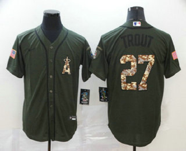 Men's Los Angeles Angels #27 Mike Trout Green Salute To Service Stitched MLB Cool Base  Jersey