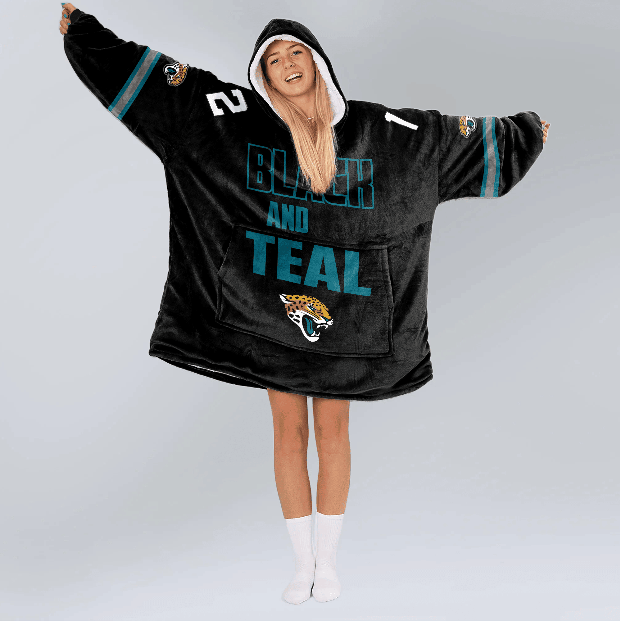 Adult Black And Teal 12 Jacksonville Football Unisex Blanket Hoodie
