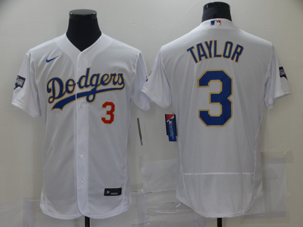 Men's Los Angeles Dodgers #3 Chris Taylor Champion of white gold and blue characters Flexbase 2021 MLB Jersey