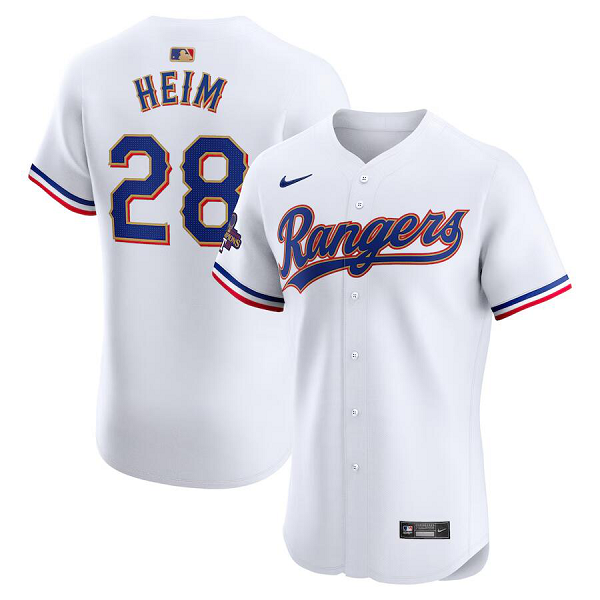 Men's Texas Rangers #28 Jonah Heim  White 2024 Gold Collection Elite Player Jersey