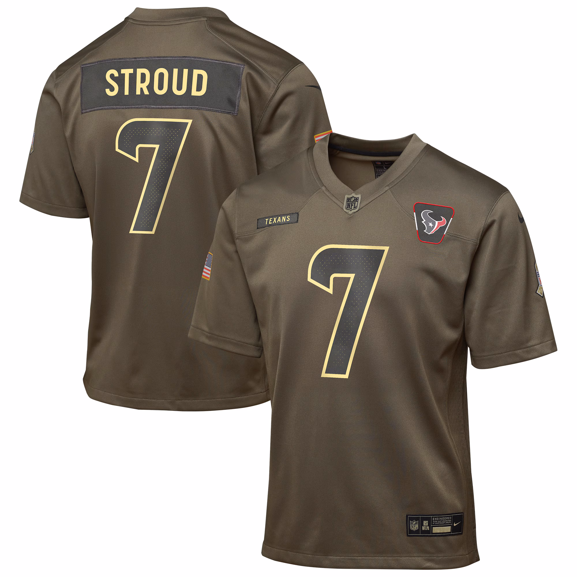 Youth Houston Texans C.J. Stroud Olive 2025 Salute to Service Game Jersey