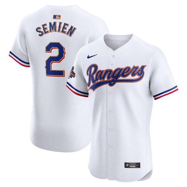 Men's Texas Rangers #2 Marcus Semien  White 2024 Gold Collection Elite Player Jersey
