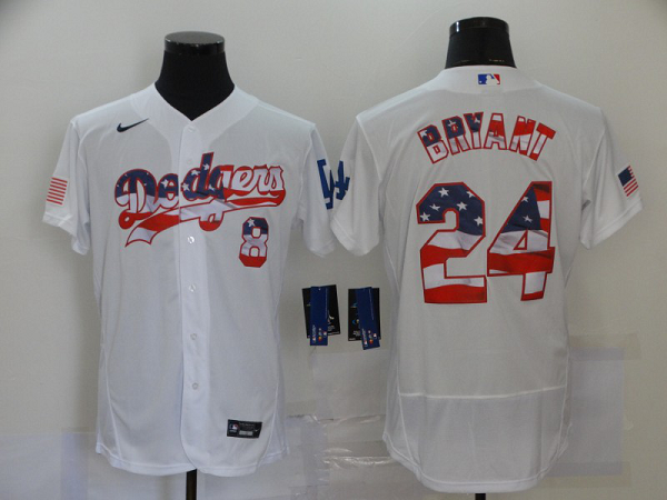 Men's Los Angeles Dodgers #8 #24 Kobe Bryant White USA Flag Stitched MLB Flex Base  Jersey