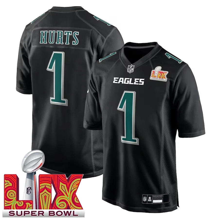 Men's #1 Jalen Hurts Carbon Black Super Bowl LIX Fashion Game Player Jersey
