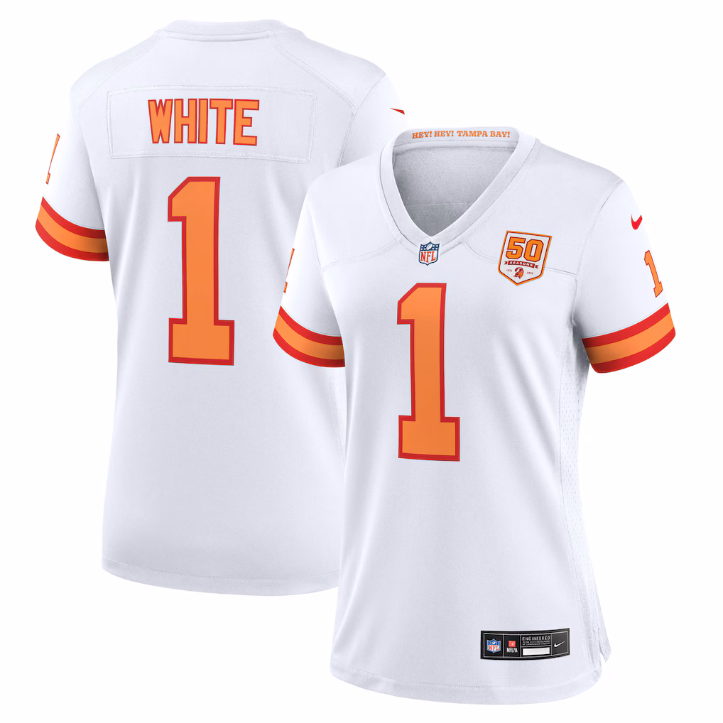 Rachaad White #1 '76 Tampa Bay Buccaneers Women's 50th Season Game Jersey - White