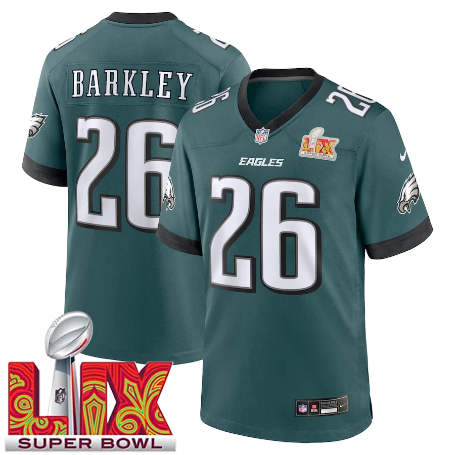 Men’s #26 Saquon Barkley Midnight Green Super Bowl LIX Game Player Sewn Jersey