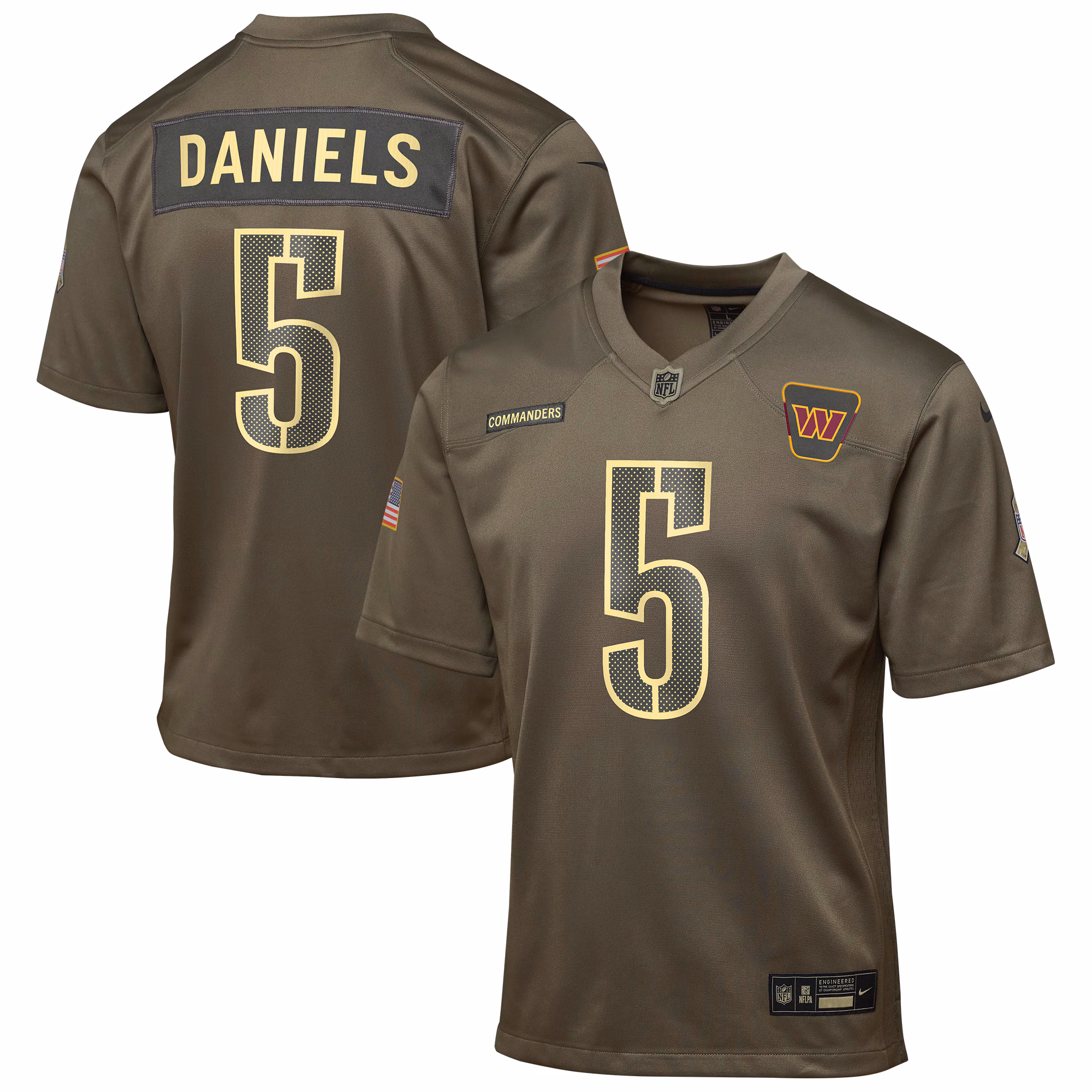 Youth Washington Commanders Jayden Daniels Olive 2025 Salute to Service Game Jersey