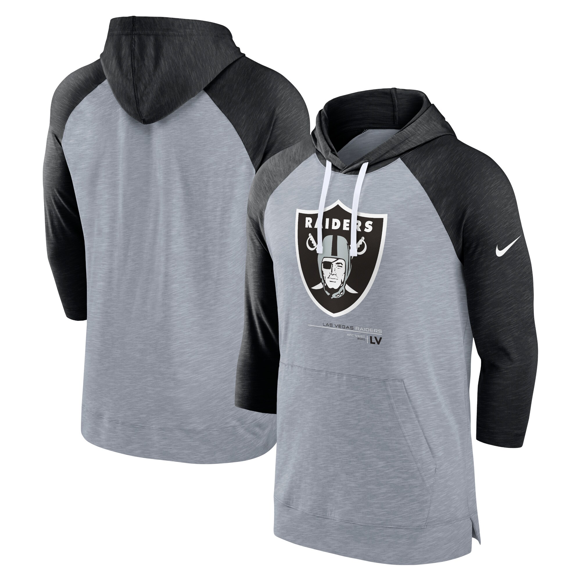 Las Vegas Raiders Raglan 3/4-Sleeve Pullover Hoodie - Heather Gray/Heather Black