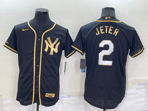 Men's New York Yankees #2 Derek Jeter Black Golden Stitched MLB Flex Base  Jersey