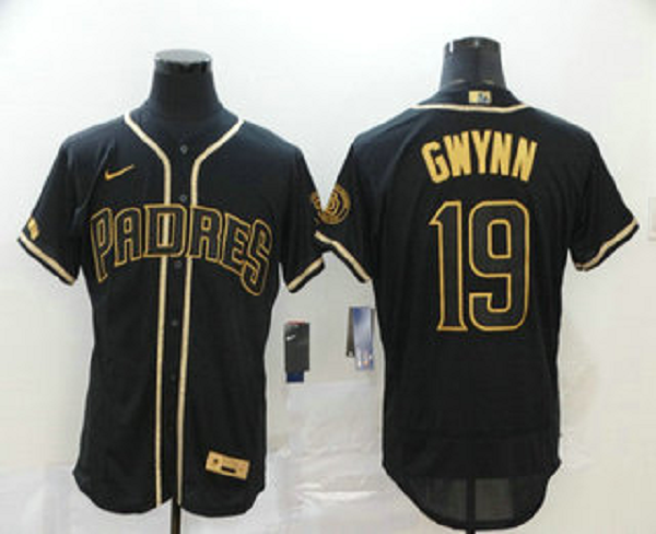 Men's San Diego Padres #19 Tony Gwynn Black With Gold Stitched MLB Flex Base  Jersey