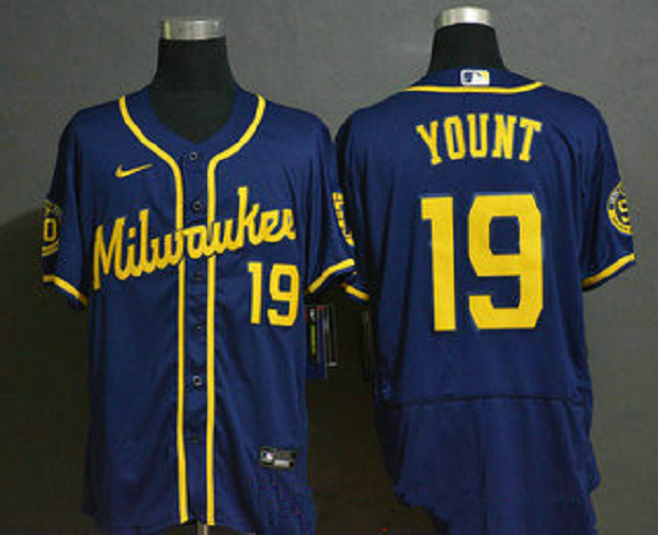 Men's Milwaukee Brewers #19 Robin Yount Navy Blue Stitched MLB Flex Base  Jersey