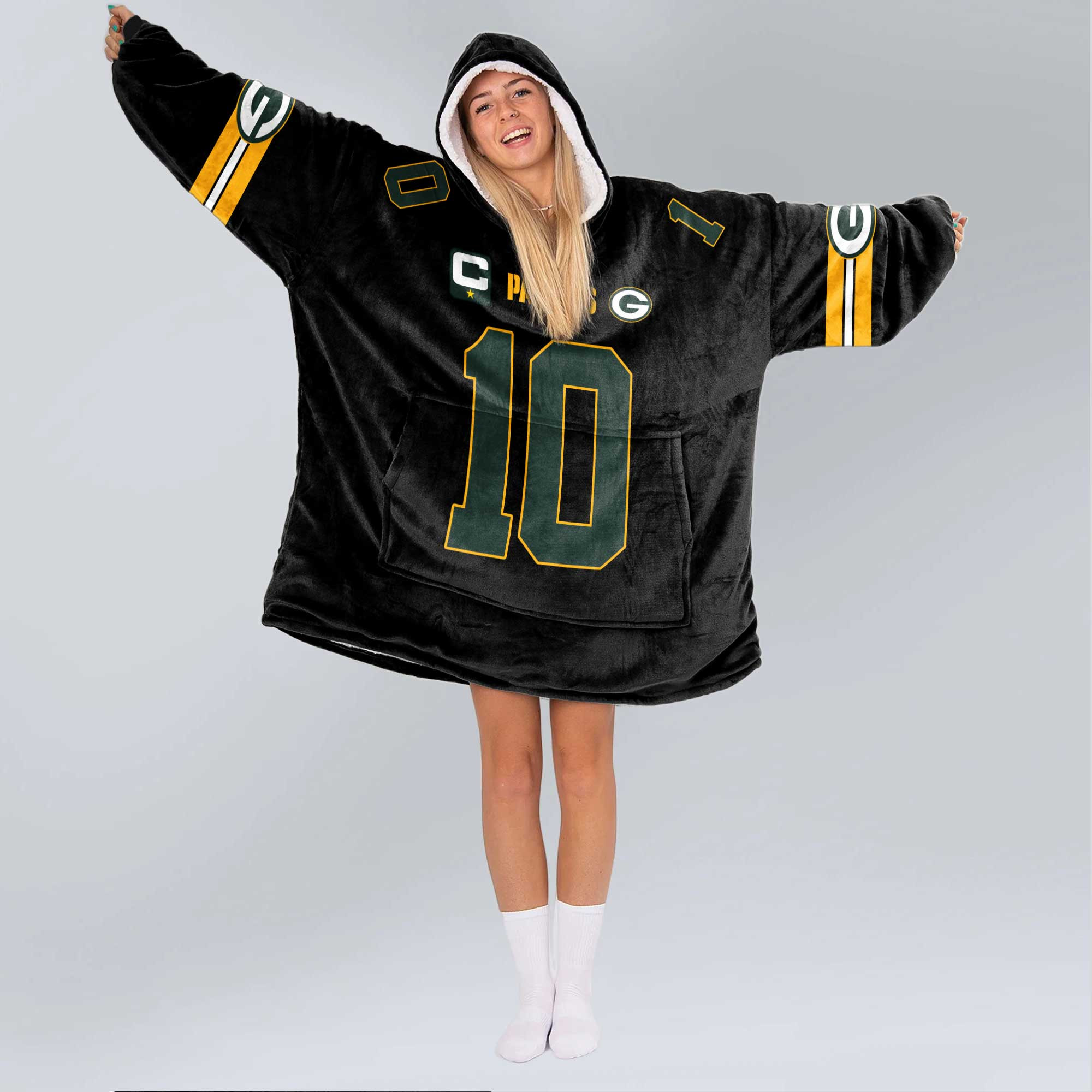 Adult J.L 10 Captain Green Bay Football Unisex Blanket Hoodie