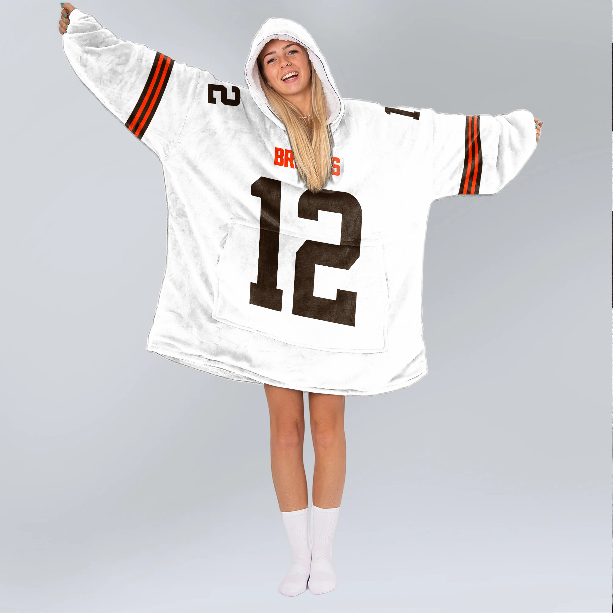 Adult S.S 12 Cleveland Football White Unisex Blanket Hoodie