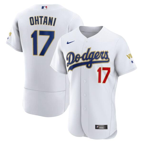 Men's Los Angeles Dodgers #17 Shohei Ohtani Flexbase  Gold Trim White Jersey